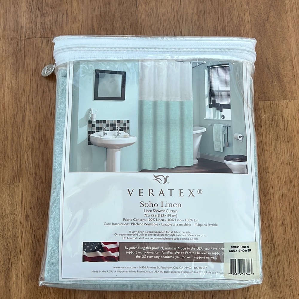 Veratex soho linen aqua and off white shower curtain, new in package